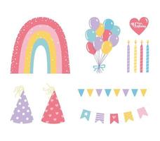 buon compleanno, palloncini candele cappelli arcobaleno decorazione celebrazione festa icone festive set vettore