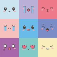 kawaii facce espressione cartone animato emoticon quadrato set di colori vettore