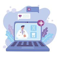 medico online, video un medico che utilizza e un'app sanitaria laptop consulenza medica o servizio di consultazione vettore