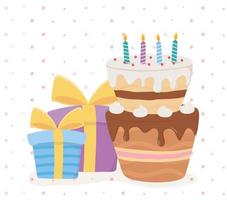 buon compleanno, torta candele scatole regalo sorpresa decorazione celebrazione carta vettore