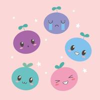 kawaii frutti divertenti facce diverse espressione di cartone animato vettore