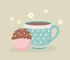 l'ora del caffè e la decorazione del tè, della tazza e del dolce cupcake vettore