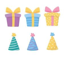 buon compleanno, scatole regalo cappelli da festa decorazione celebrazione icone vettore