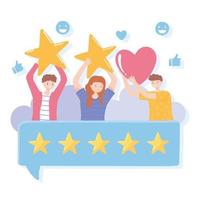 le persone felici tengono la valutazione e il feedback della rete di social media stella e cuore vettore