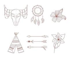set di icone boho e tribali freccia teepee toro teschio acchiappasogni e fiori vettore