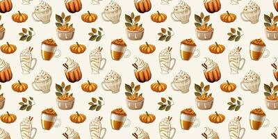 autunno senza soluzione di continuità modello con bevande e dolci. casa arredamento, tessile disegno, involucro carta, Stazionario, scrapbooking, digitale sfondi, sito web sfondi. vettore illustrazione.