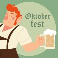 cartone animato uomo oktoberfest con stoffa tradizionale e disegno vettoriale di birra