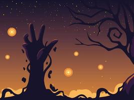 sfondo di notte di halloween con la mano di zombie vettore