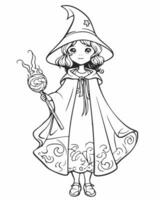 un' colorazione pagina con un' strega Tenere un' bacchetta magica vettore