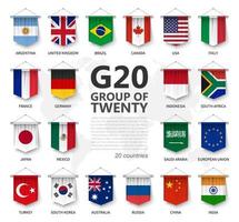 g20. gruppo di venti paesi e bandiera di appartenenza. associazione internazionale di governo economico e finanziario. Disegno realistico dell'elemento appeso a gagliardetto 3d. sfondo bianco isolato. vettore