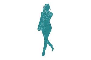 illustrazione vettoriale di donna che va in ufficio, stile piatto con contorno