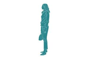 illustrazione vettoriale di donna casual sulla strada laterale, stile piatto con contorno