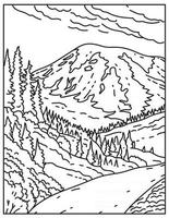 Mount Rainier nel parco nazionale di Mount Rainier situato nello stato di Washington, Stati Uniti, linea mono o linea monolinea in bianco e nero arte vettore