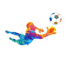 il portiere di calcio astratto sta saltando per il pallone da calcio da una spruzzata di acquerelli. illustrazione vettoriale di vernici.