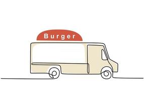 singola linea continua di food truck per hamburger. camion di hamburger in uno stile di linea isolato su priorità bassa bianca. vettore