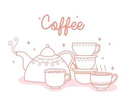 bollitore per caffè e tazze di bevande calde fresche, stile linea vettore