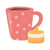 tazza di caffè e candela, stile cartone animato hygge