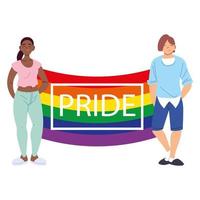 persone con bandiera dell'orgoglio lgbtq, uguaglianza e diritti dei gay vettore