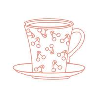 tazza da tè e caffè con ciliegie dipinte stile linea icona vettore