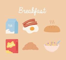 set di icone per la colazione, latte, uova, bacon, pane, cereali, latte e croissant vettore