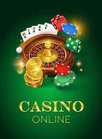 casinò online su uno sfondo verde. dadi, monete d'oro, carte, roulette e fiches. illustrazione vettoriale di un formato verticale