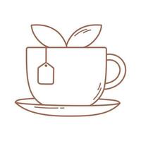 tazza da tè con bustina di tè e foglia icona a base di erbe in linea marrone vettore