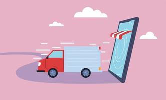 il camion di consegna trasporta la consegna alle persone, l'app logistica per smartphone vettore