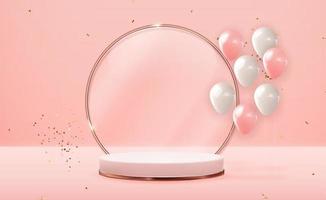 piedistallo realistico in oro rosa 3d su sfondo naturale pastello rosa con palloncini festa. display podio vuoto alla moda per la presentazione di prodotti cosmetici, rivista di moda. copia spazio illustrazione vettoriale eps10