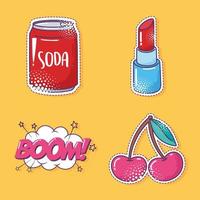 set di icone adesivo elemento pop art, soda, ciliegia, rossetto e boom and vettore