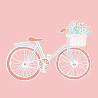 bicicletta in colori pastello con un cesto di fronte e tulipani, tulipani in un cesto, fiori su una bicicletta, con un ticker per gli innamorati, disegno a mano, stile scarabocchio. vettore