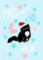 simpatico gatto con cappello da Babbo Natale, gatto con torta, motivo natalizio per involucri di imballaggio, tessuto, gatto nero soffice con colletto bianco vettore