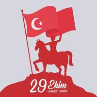 29 ekim cumhuriyet bayrami kutlu olsun, giorno della repubblica della turchia, soldato silhouette rossa a cavallo con bandiera vettore