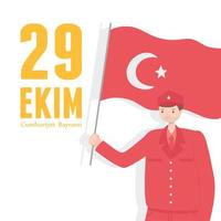 29 ekim cumhuriyet bayrami kutlu olsun, giorno della repubblica della turchia, soldato con bandiera sventolante vettore