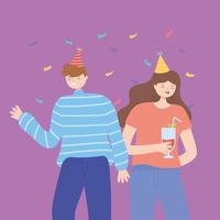 uomo e donna con cappelli da festa e cocktail party vettore