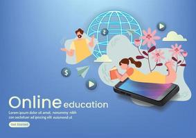 ragazza sdraiata e leggendo un libro online educazione online design del sito web vettore