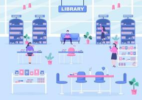 la biblioteca contiene libri sullo scaffale con diverse persone che leggono, stanno in piedi, sedute o camminano illustrazioni vettore