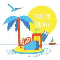 tempo di viaggiare estate spiaggia vacanza vacanza poster o banner stile piatto design illustrazione vettoriale concetto isolato sfondo bianco testo isola spiaggia cappello bagagli valigia passaporto biglietti segni