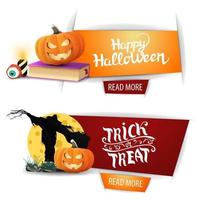 buon halloween, due striscioni moderni con bottone, libro degli incantesimi, spaventapasseri e jack zucca vettore