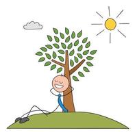 personaggio di uomo d'affari stickman appoggiato a un albero e che riposa al sole illustrazione di cartone animato vettoriale