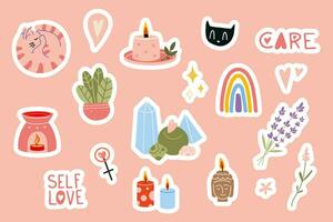 stickerpack con accogliente Oggetti, cartone animato stile. se stesso amore, Salute, bellezza e benessere concetto. di moda moderno vettore illustrazione, mano disegnato, piatto design.