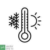 tempo metereologico temperatura termometro icona. schema stile cartello per ragnatela e app. termometro con freddo e caldo simbolo. magro linea vettore illustrazione isolato su bianca sfondo. eps 10.