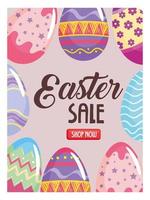 poster di vendita di buona stagione di pasqua con scritte e uova dipinte vettore