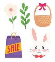 poster di vendita di buona stagione di pasqua con icone set di shopping bag vettore