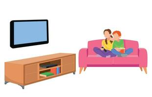 contento famiglia Guardando televisione insieme nel vivente camera.bambini illustrazione nel cartone animato stile vettore