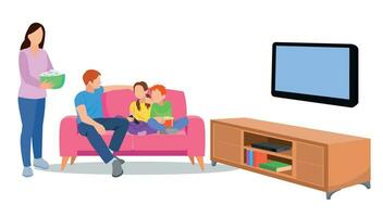 famiglia felice guardando la televisione insieme in soggiorno. illustrazione di famiglia in stile cartone animato vettore