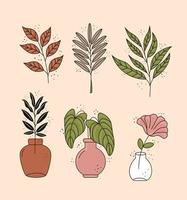 fascio di sei icone decorative di piante di foglie in stile boho vettore