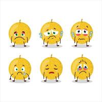giallo melone cartone animato personaggio con triste espressione vettore