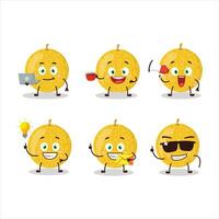 giallo melone cartone animato personaggio con vario tipi di attività commerciale emoticon vettore