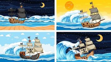 quattro diverse scene di spiaggia con nave pirata vettore