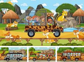 diverse scene di safari con animali e personaggi dei cartoni animati per bambini vettore